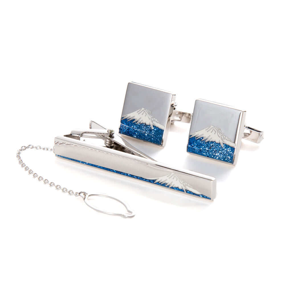Mt.Fuji - Silver925 solid - tie bar & Cufflinks - Blue glitter