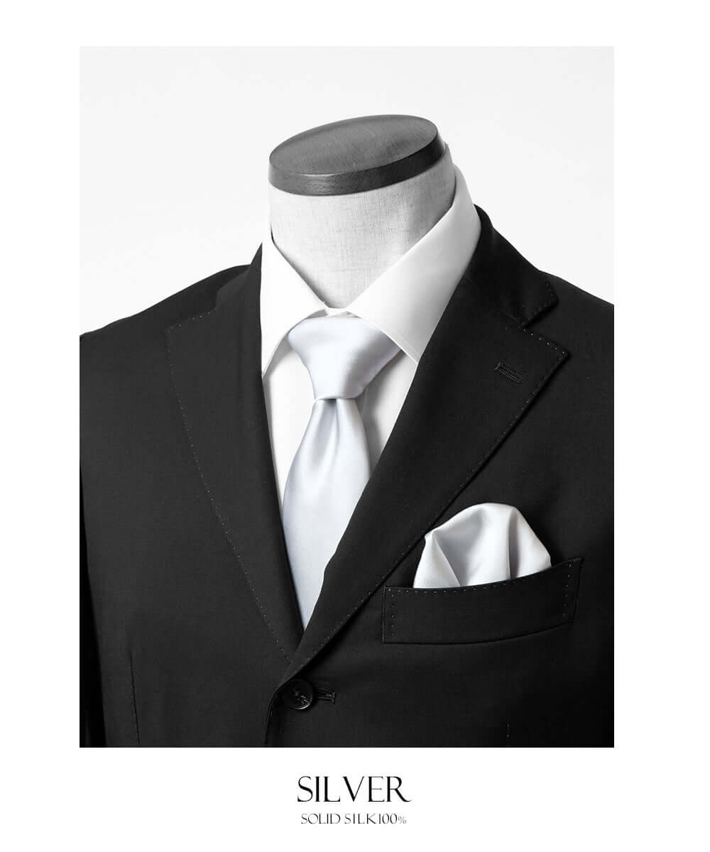 Fomal set - Kyoto Silk - Necktie & PocketSquare Set - Silver